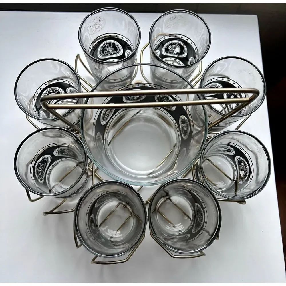 Vtg Hazel Atlas Coins Of the World 8 Glasses, Ice Bucket Black Gold & Caddy MCM